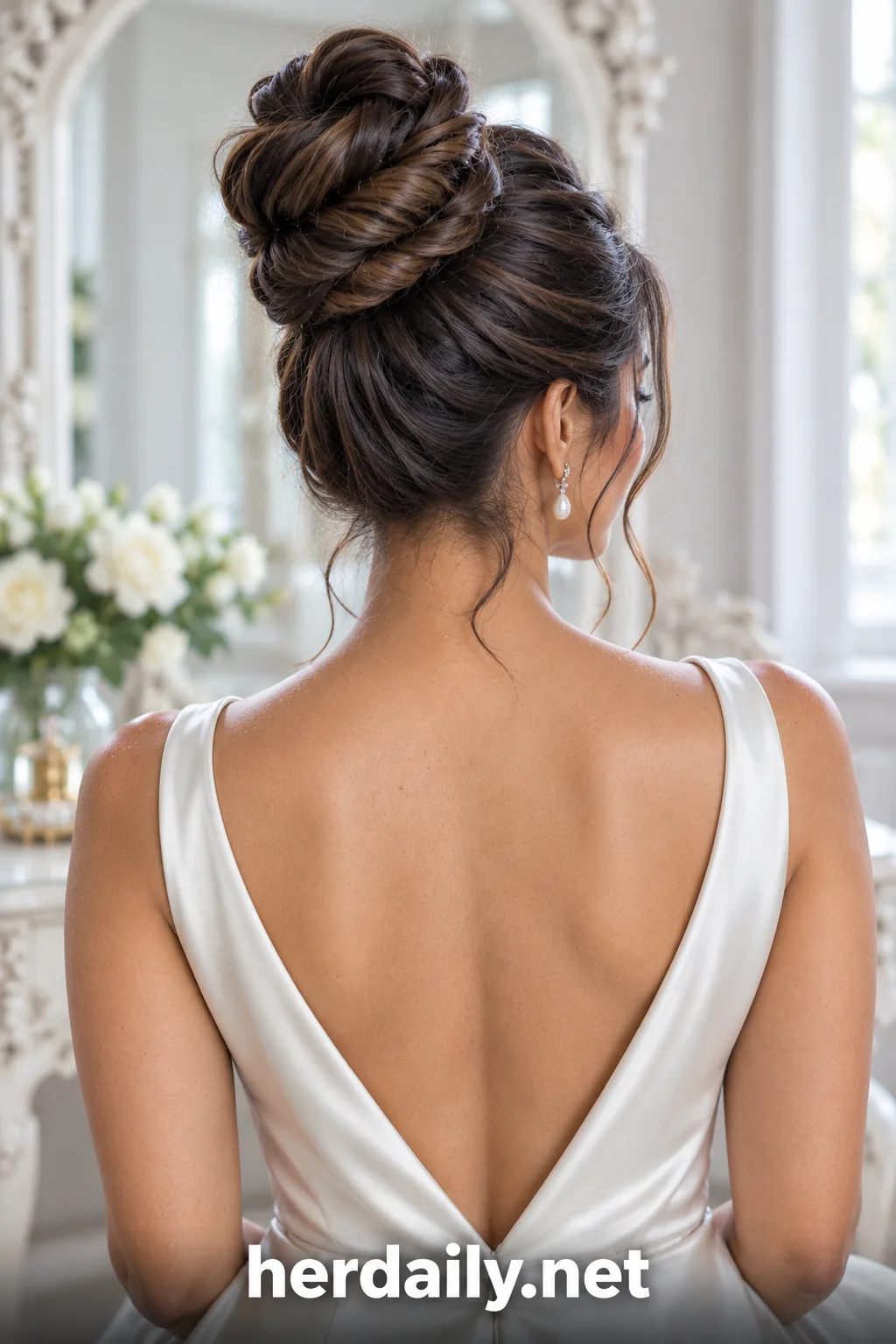 07 south asian rope twist high bun open back dress