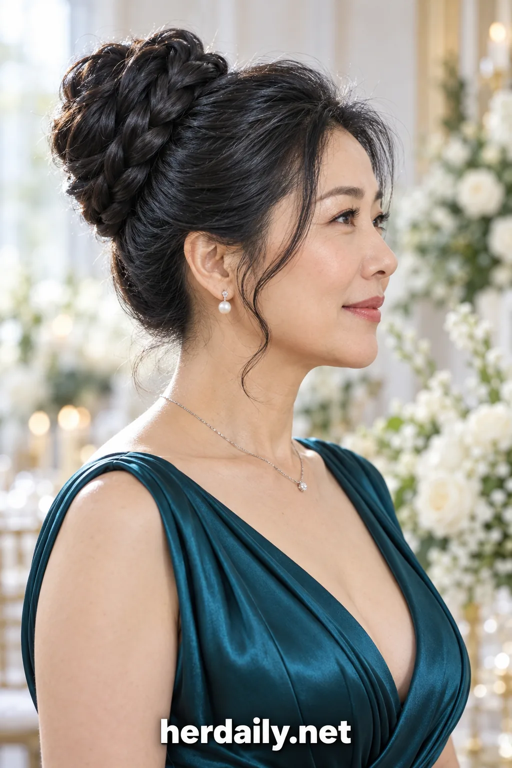 08 east asian braided high bun teal dress