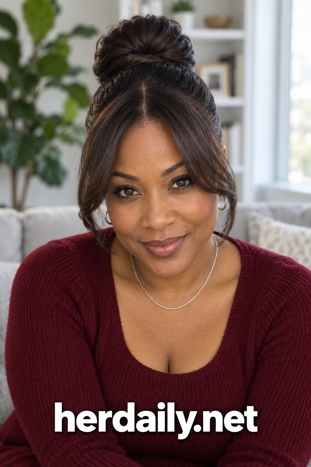 15 black woman high bun curtain bangs burgundy
