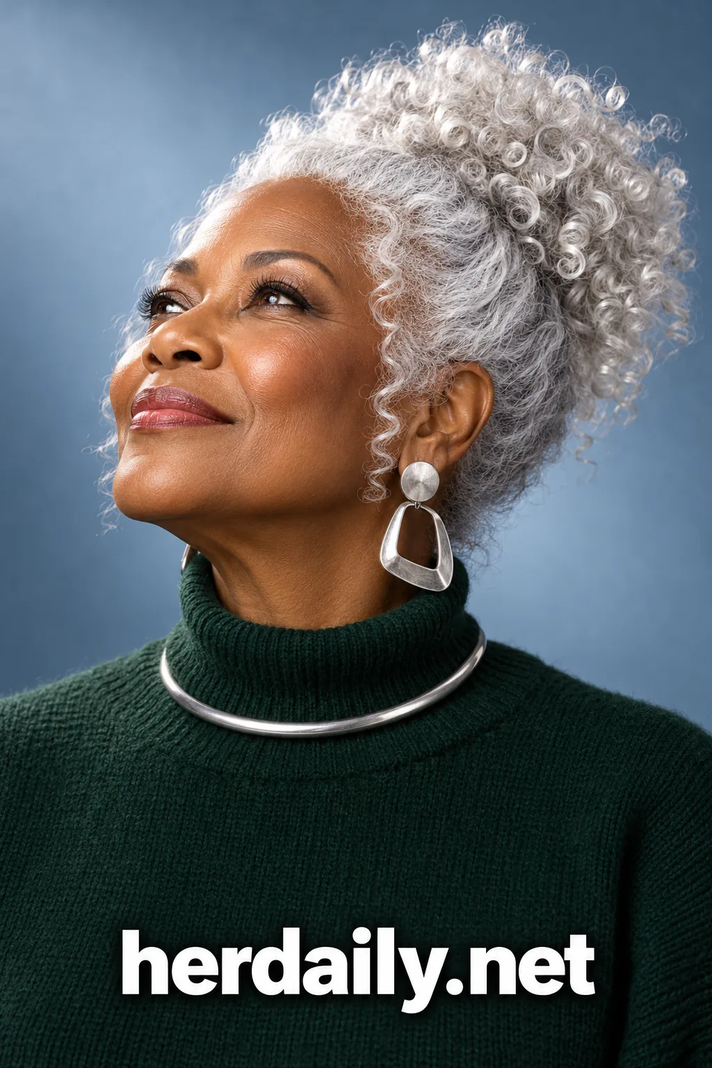 19 black woman silver curly puff forest green