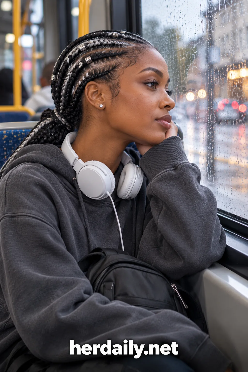 21 black silver cornrows rainy bus