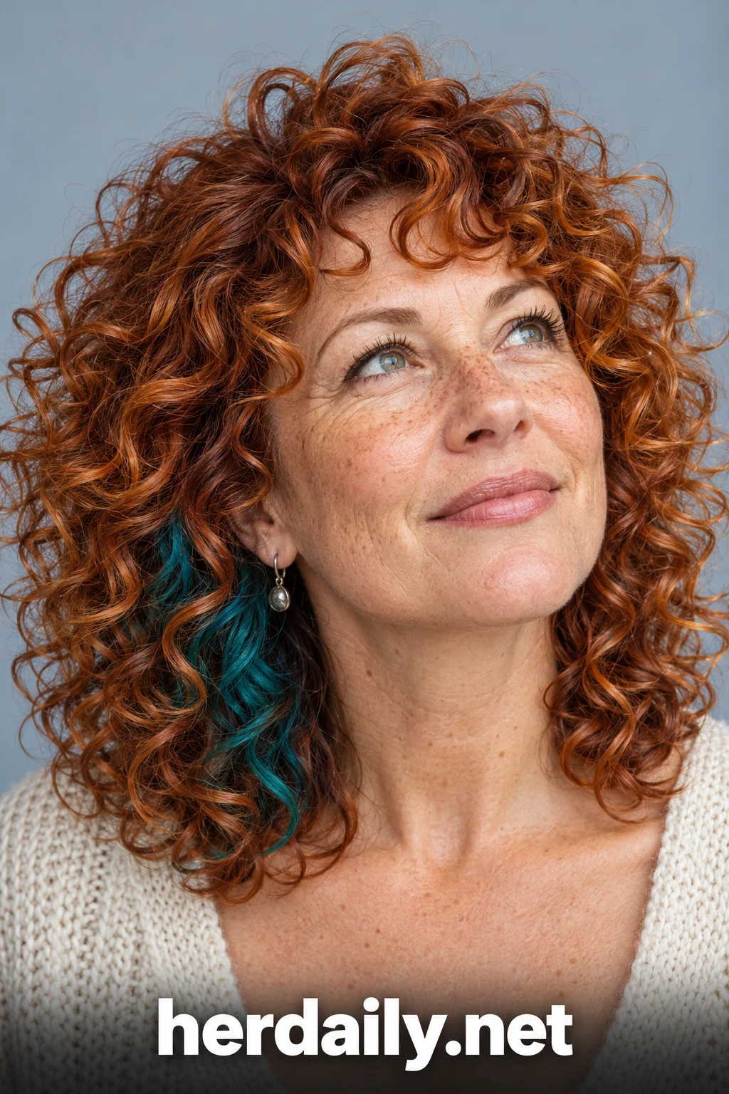 funky hairstyles for over 40s 05 copper curly shag teal peek