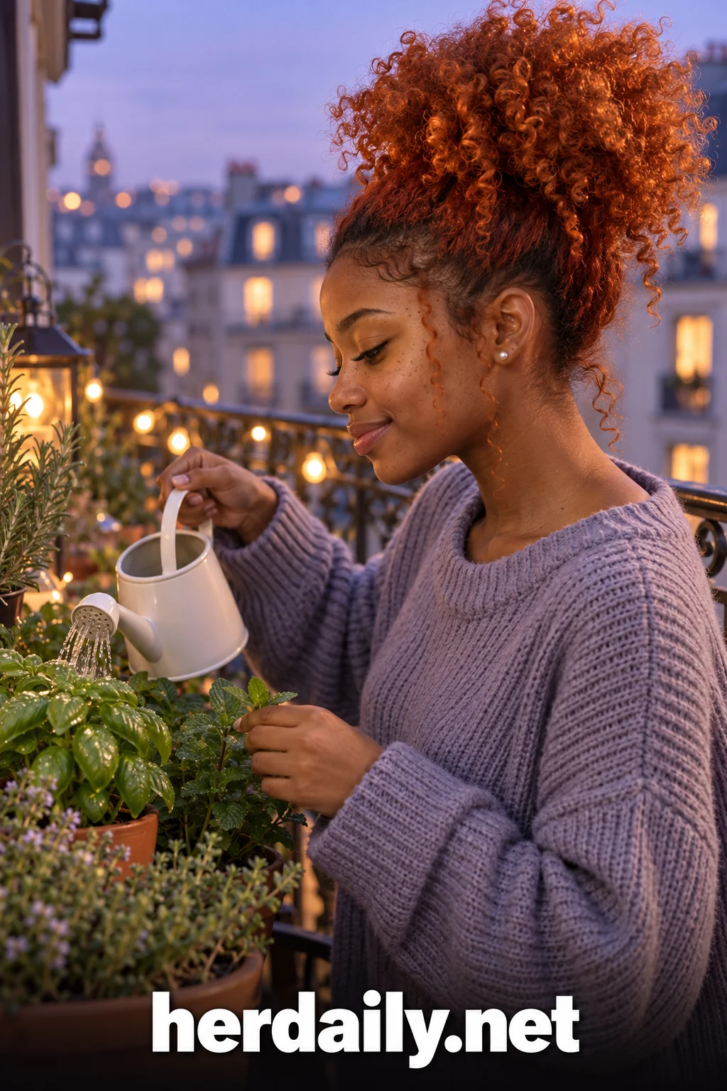 ginger hair 17 ginger puff bun balcony herbs