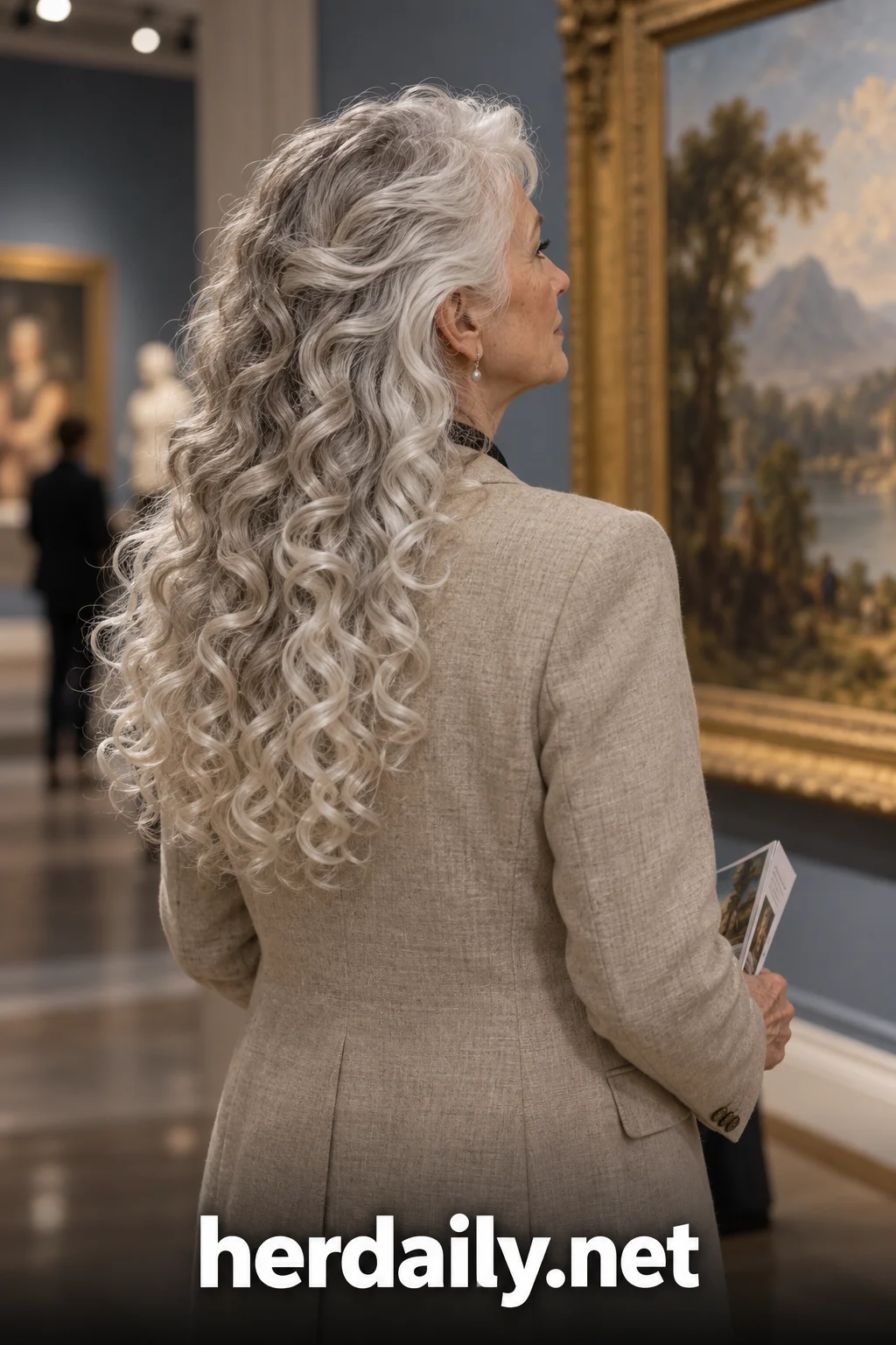 grey curly hairstyles over 60 long silver ringlets back view