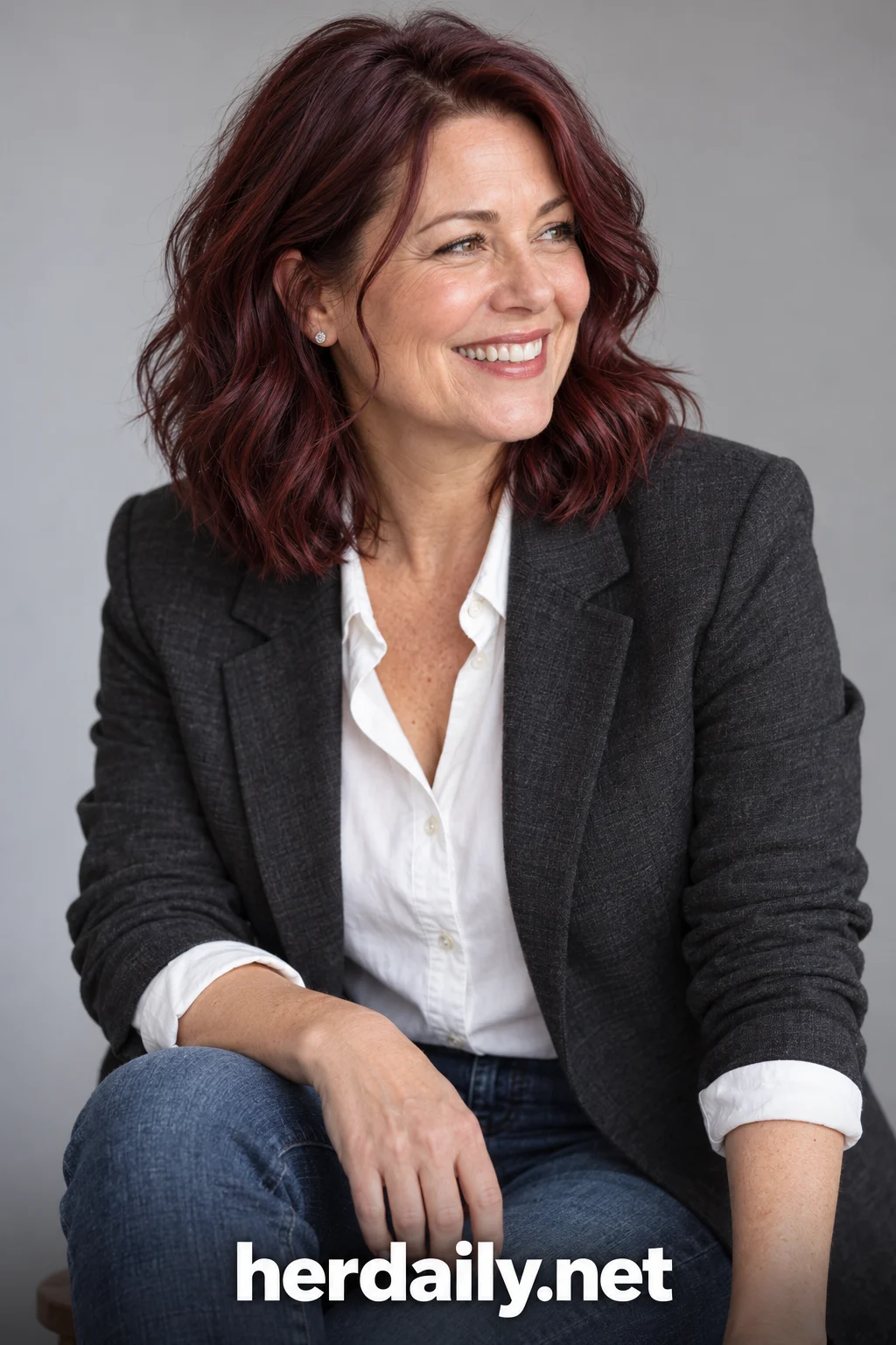 Hair color over 40: burgundy wine wavy collarbone lob