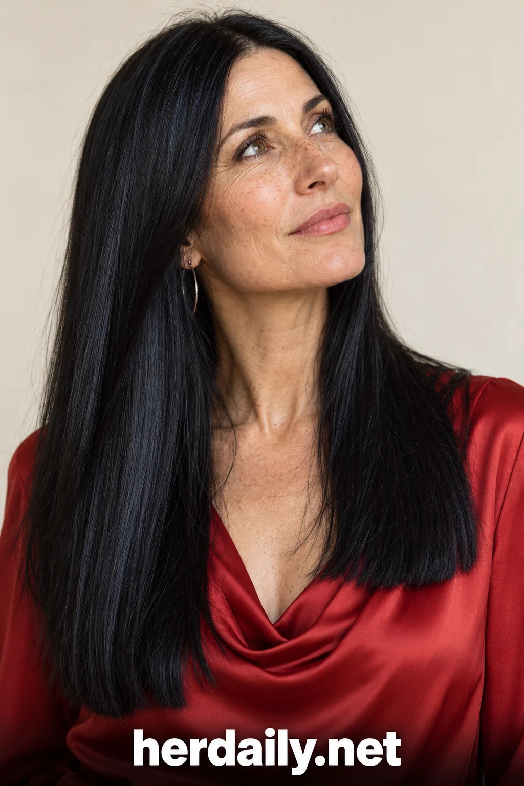 Hair color over 40: jet black blue black sleek long