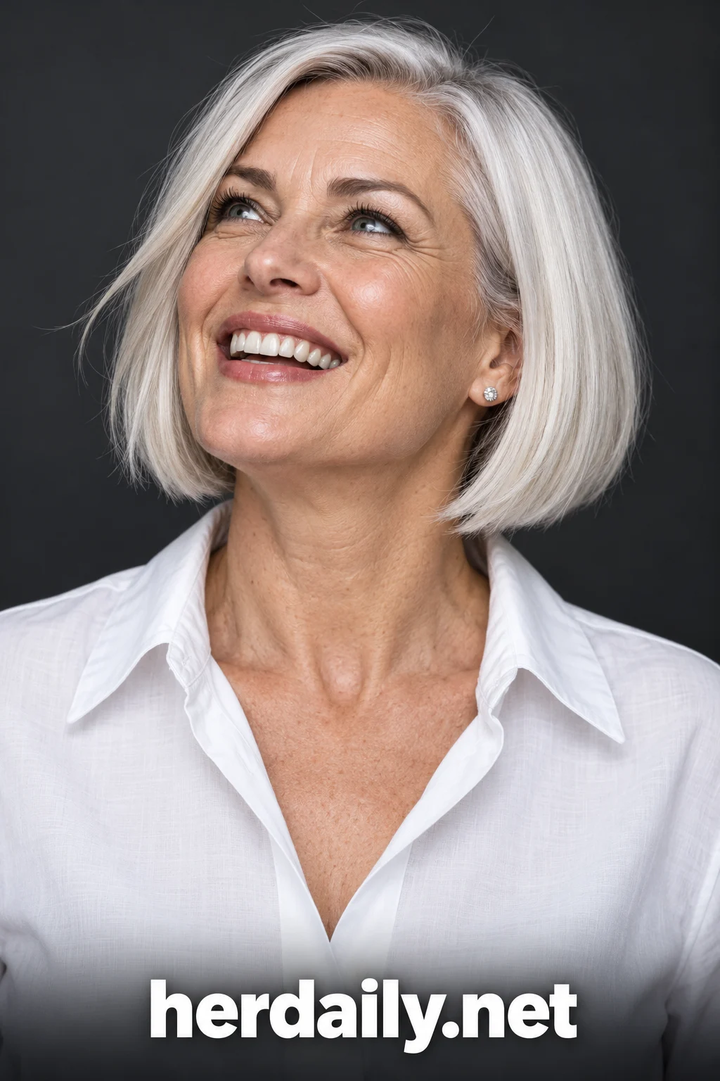 Hair color over 40: icy platinum silver blonde sleek bob