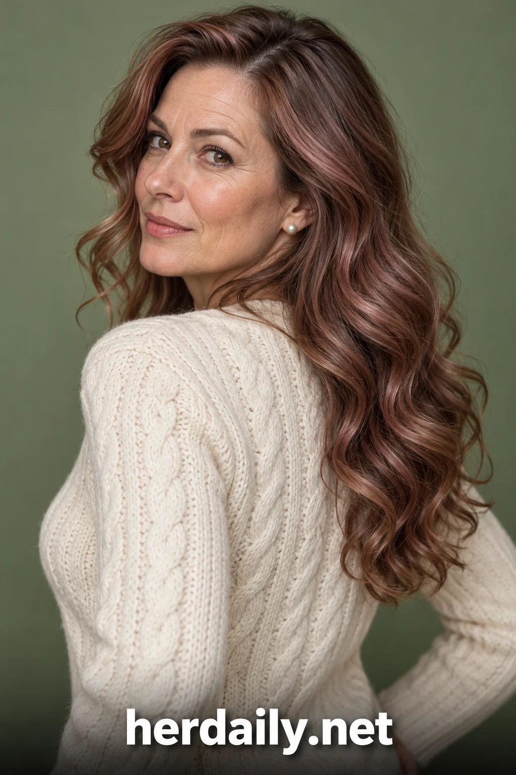 Hair color over 40: rose brown long loose glossy curls