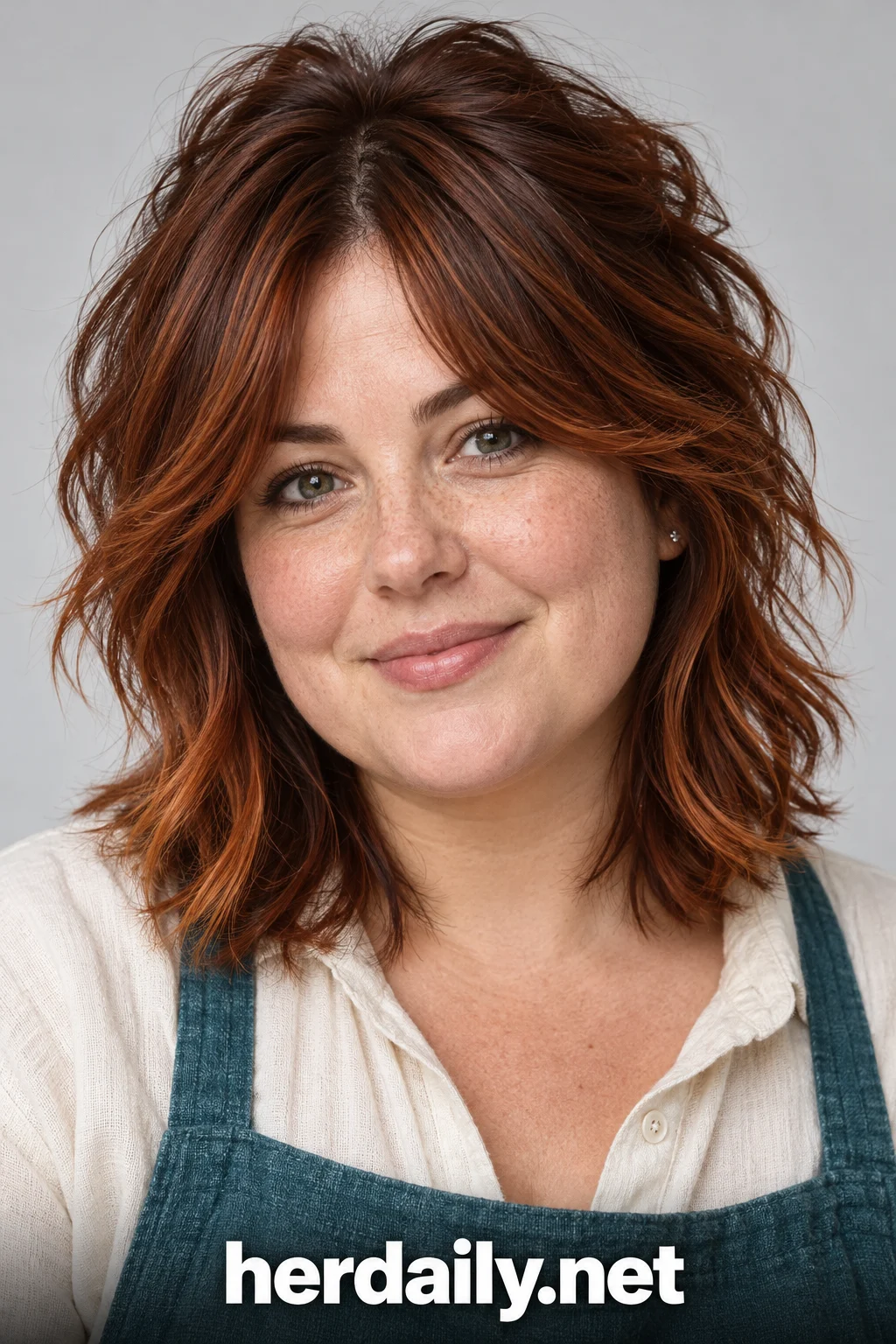 hairstyles for round faces 03 auburn shag with curtain bangs