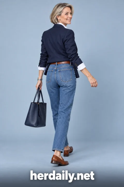 jeans for over 50 women straight jeans navy blazer loafers