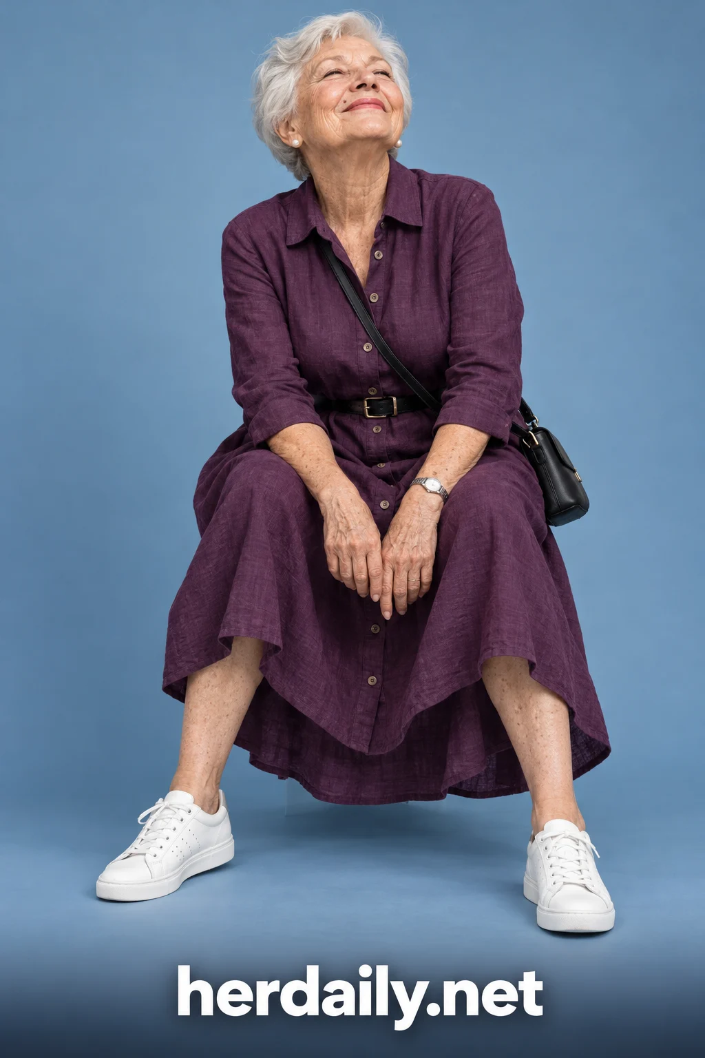 outfit women over 70 02 plum linen shirt dress white sneaker