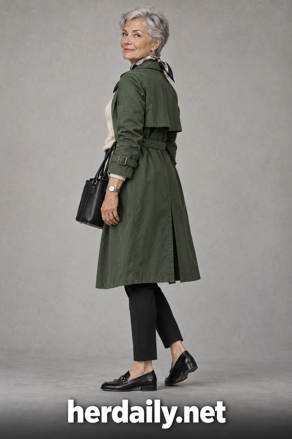 outfit women over 70 05 green trench cream knit black trouse