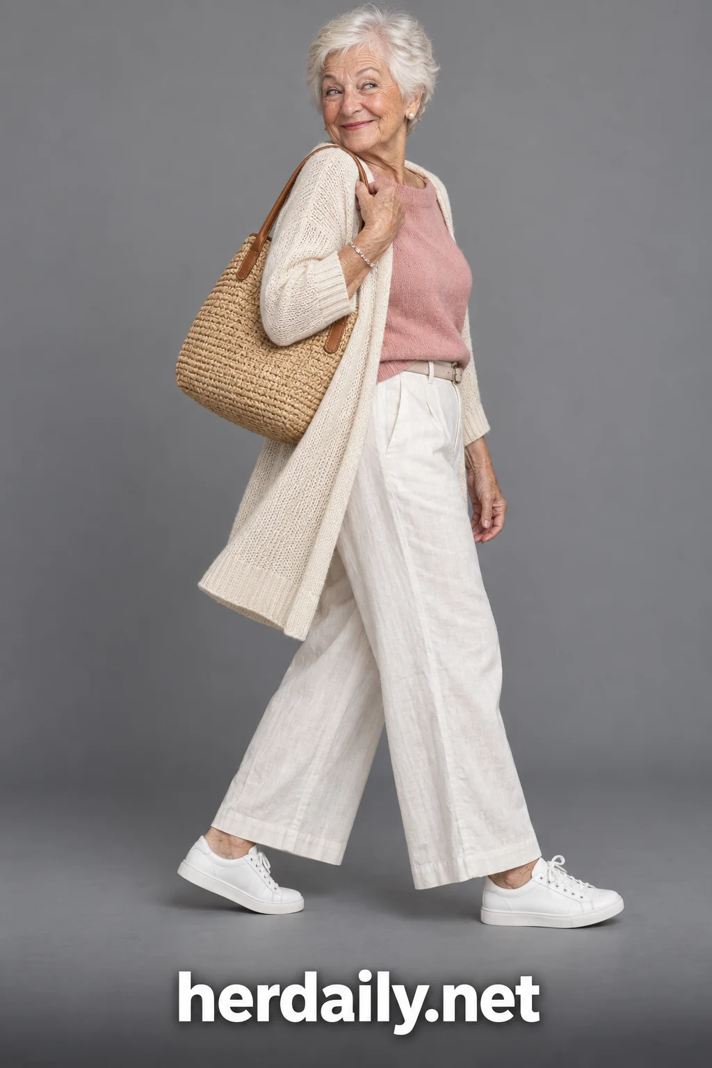 outfit women over 70 10 rose sweater ivory trousers raffia t