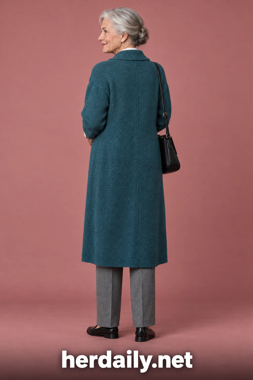 outfit women over 70 12 teal long cardigan gray trousers bac