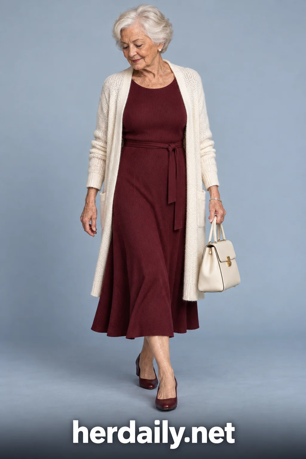 outfit women over 70 16 burgundy knit dress ivory cardigan