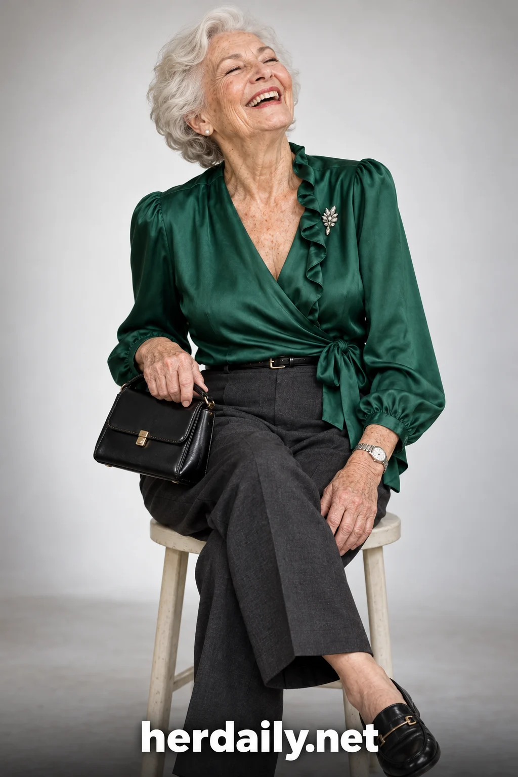 outfit women over 70 20 emerald wrap blouse charcoal trouser