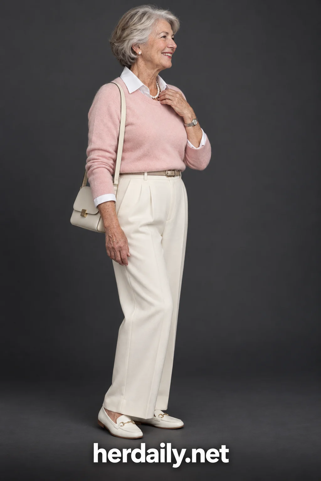 outfit women over 70 21 pink cashmere pleated trousers pearl