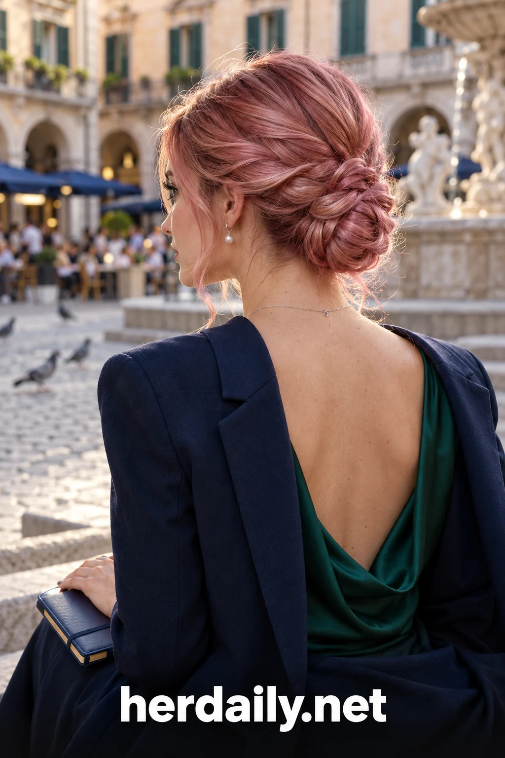 rose gold hair 02 braided chignon european plaza steps