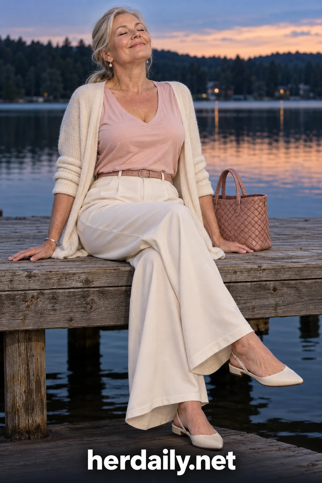 t shirts for women over 50 02 blush vneck tee cream trousers