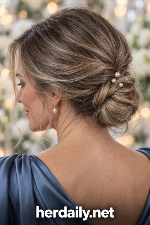 wedding guest hairstyles low textured chignon pearl pins