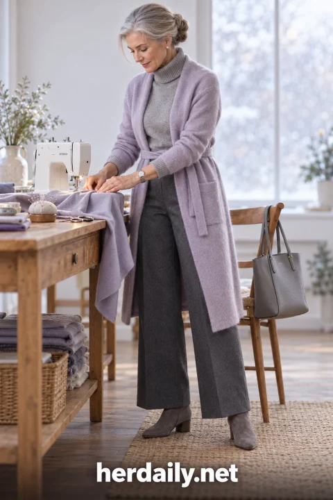 winter fashion for women over 50 lavender cashmere coat gray trousers