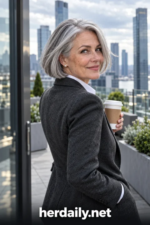 youthful hairstyles over 50 silver graphic bob rooftop coffee